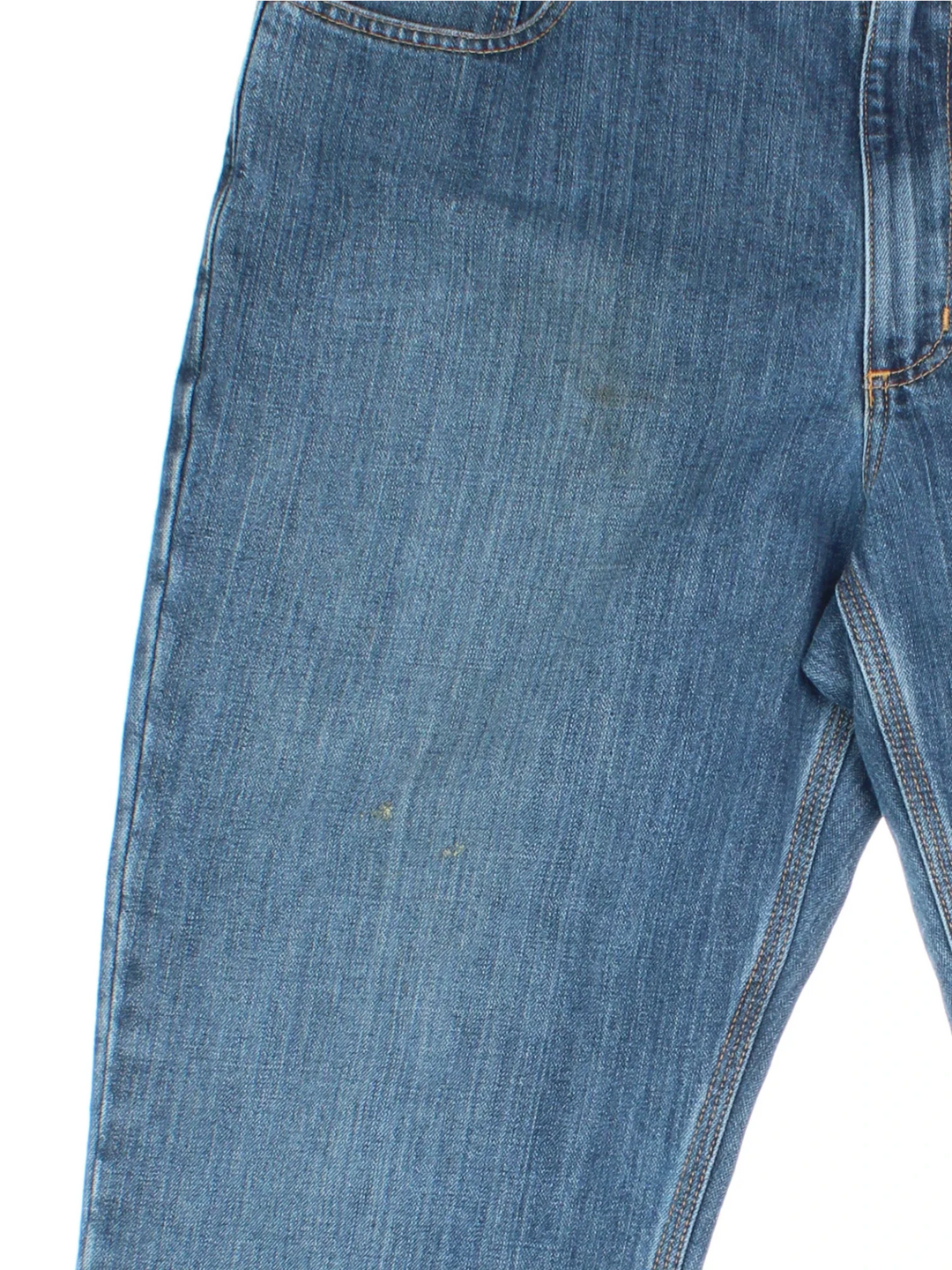Carhartt Jeans in a blue colourway with multiple pockets, plaid pattern lining, and the logo embroidered on the back.