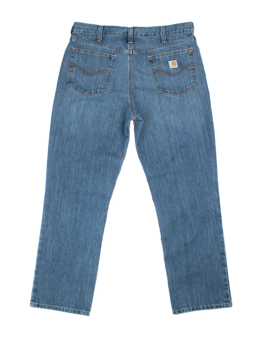 Carhartt Jeans in a blue colourway with multiple pockets, plaid pattern lining, and the logo embroidered on the back.