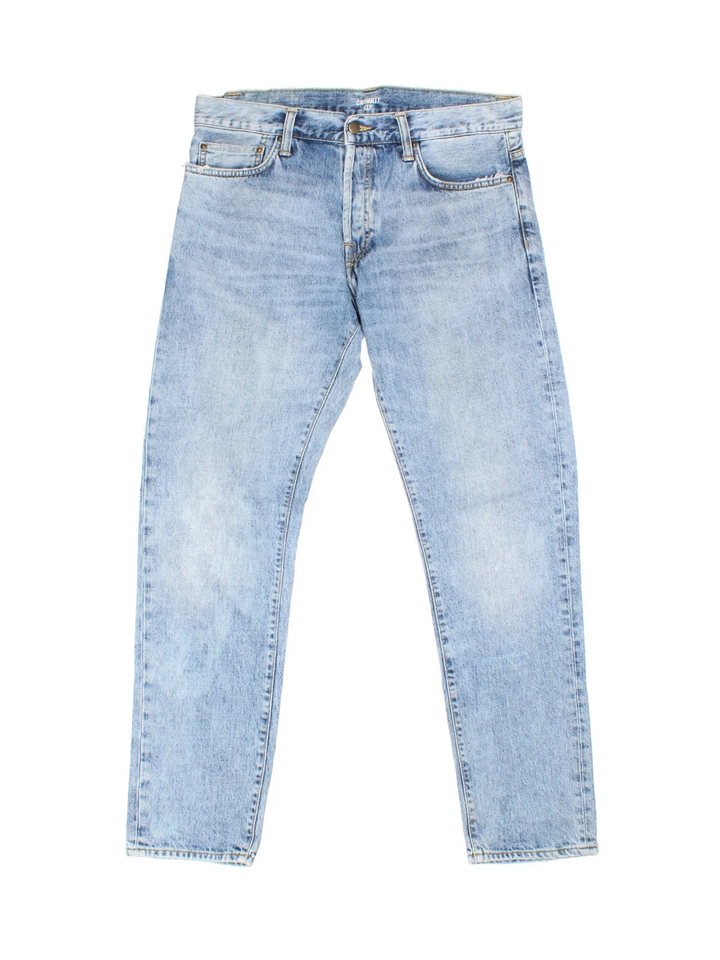 Carhartt Jeans in a blue colourway with multiple pockets and the logo embroidered on the back.