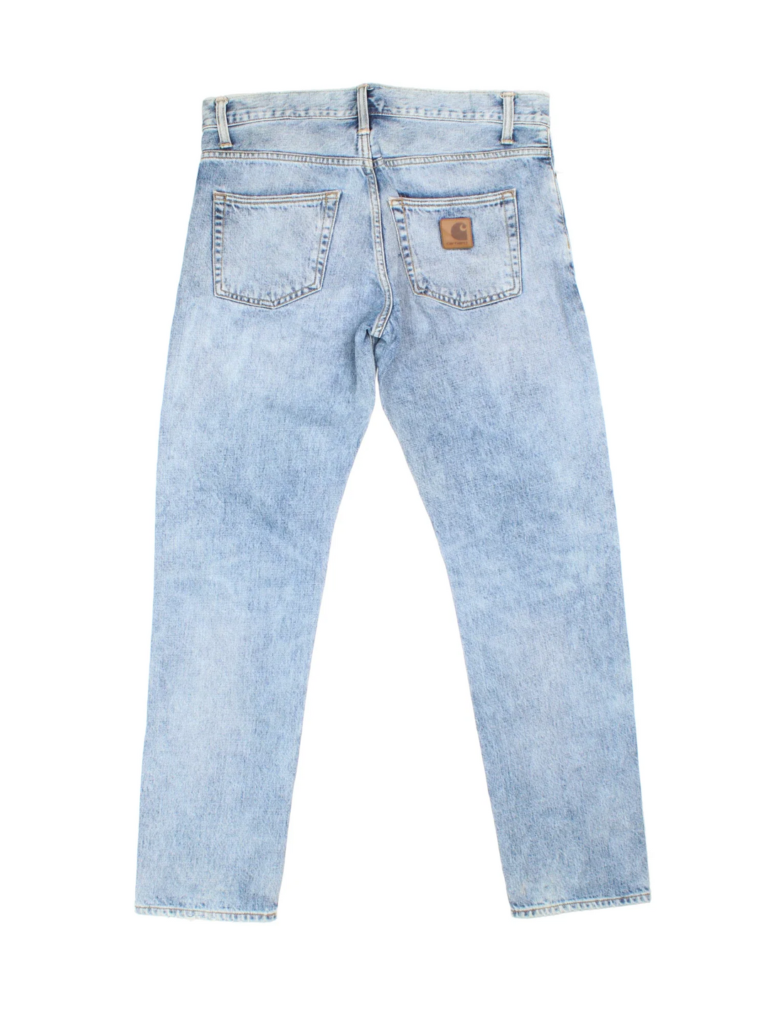 Carhartt Jeans in a blue colourway with multiple pockets and the logo embroidered on the back.