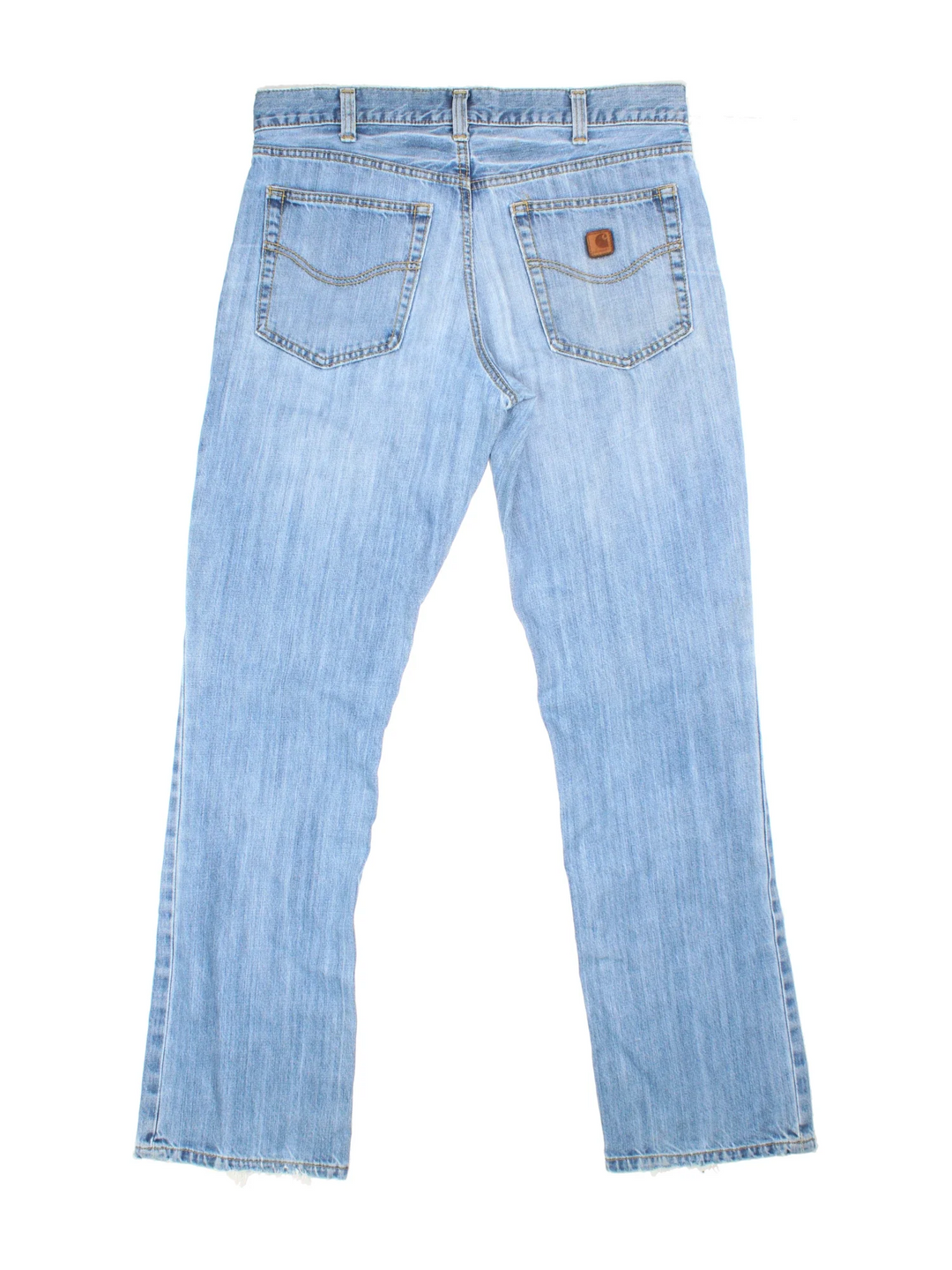 Carhartt Jeans in a blue colourway with multiple pockets and the logo embroidered on the back.