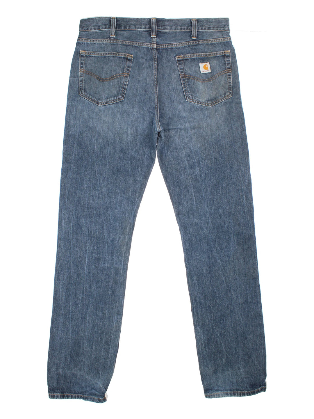 Carhartt Jeans in a blue colourway with multiple pockets and the logo embroidered on the back.