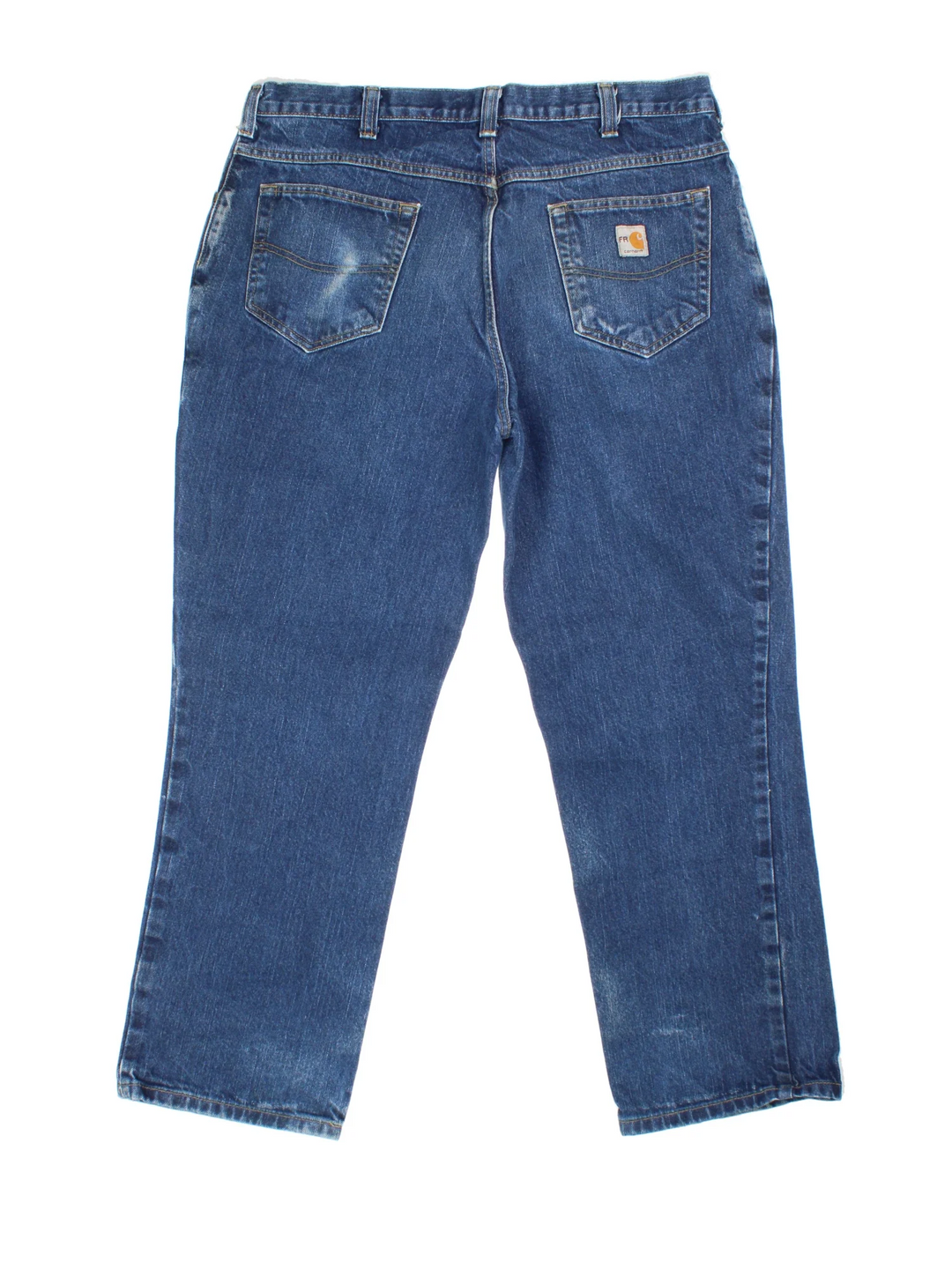 Carhartt Jeans in a blue colourway with multiple pockets and the logo embroidered on the back.