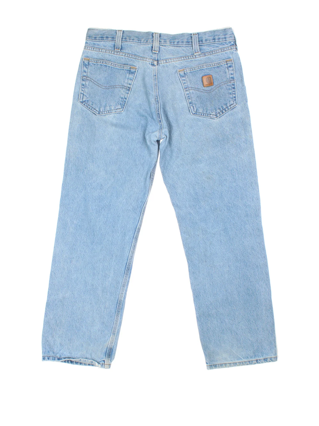 Carhartt Jeans in a blue colourway with multiple pockets and the logo embroidered on the back.