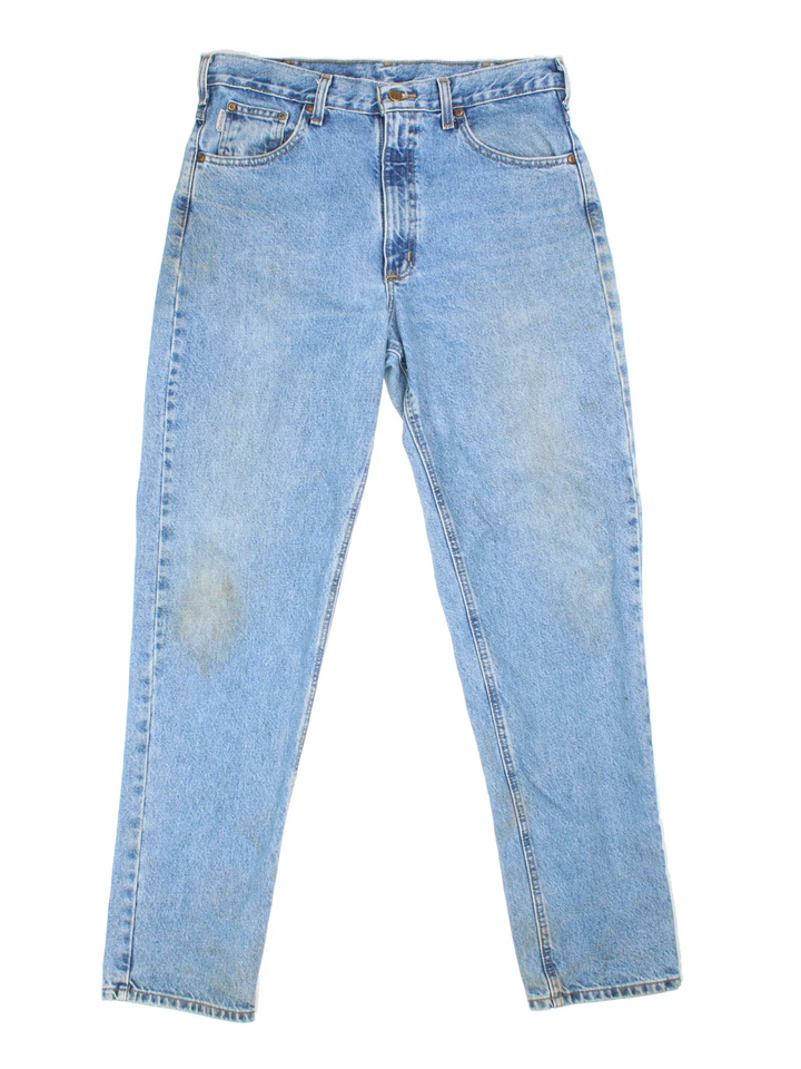 Carhartt Jeans in a blue colourway with multiple pockets and the logo embroidered on the back.