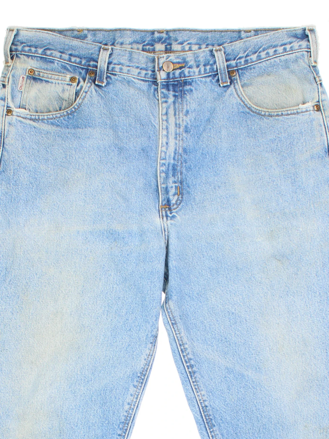 Carhartt Jeans in a blue colourway with multiple pockets and the logo embroidered on the back.