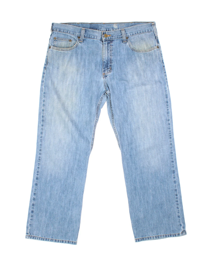 Carhartt Jeans in a blue colourway with multiple pockets and the logo embroidered on the back.