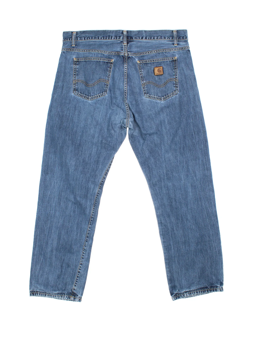 Carhartt Jeans in a blue colourway with multiple pockets and the logo embroidered on the back.