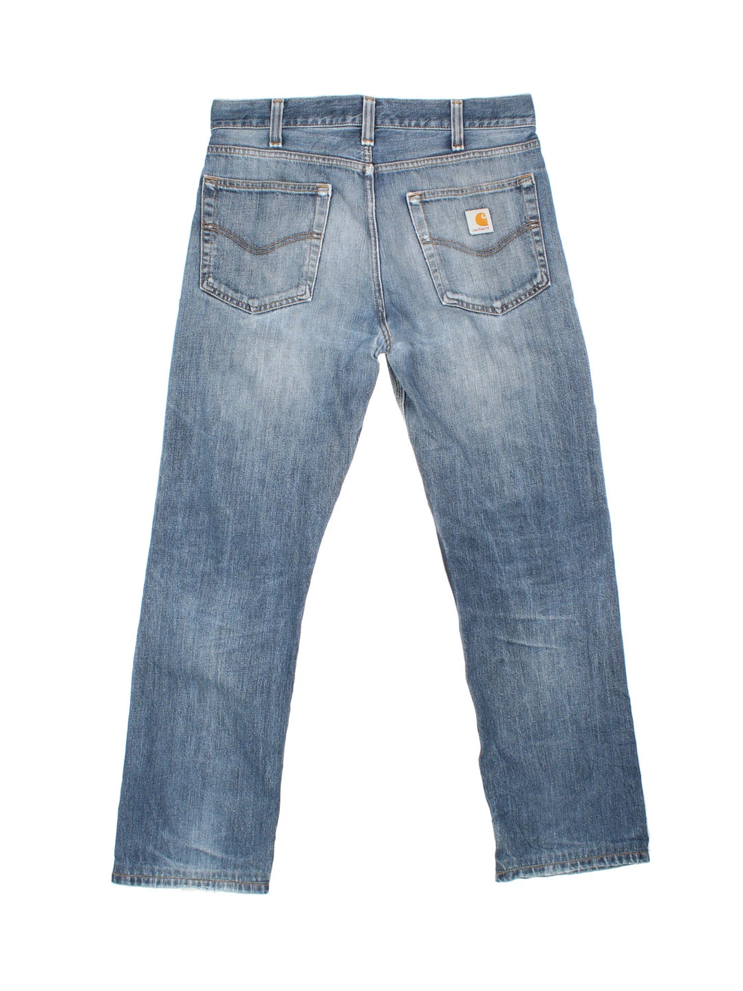 Carhartt Jeans in a blue colourway with multiple pockets and the logo embroidered on the back.