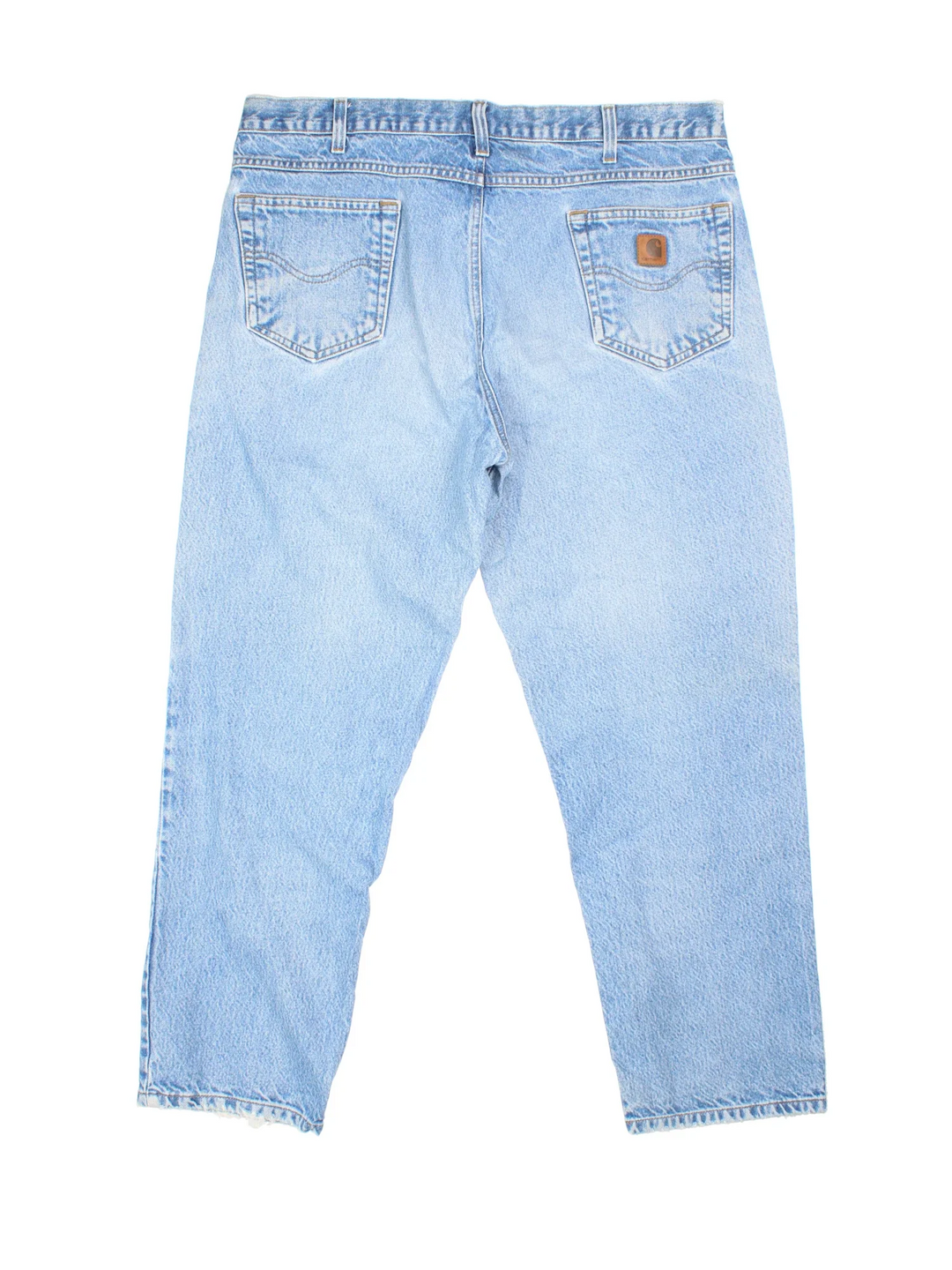 Carhartt Jeans in a blue colourway with multiple pockets and the logo embroidered on the back.