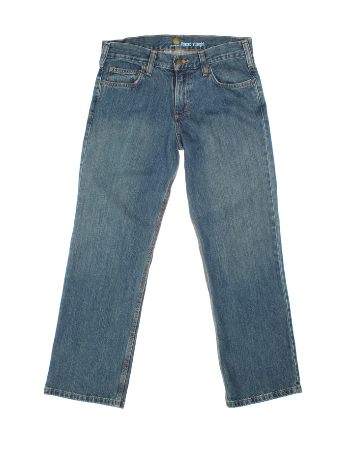 Carhartt Jeans in a blue colourway with multiple pockets and the logo embroidered on the back.