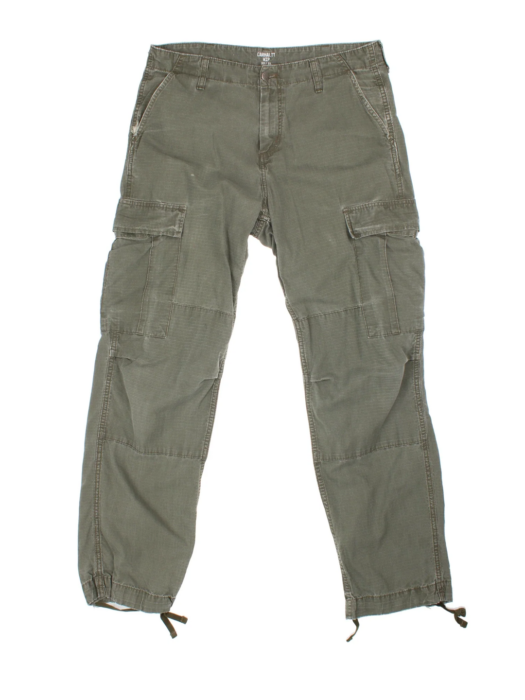Carhartt Cargo Trousers in a green colourway with multiple pockets and the logo embroidered on the back.