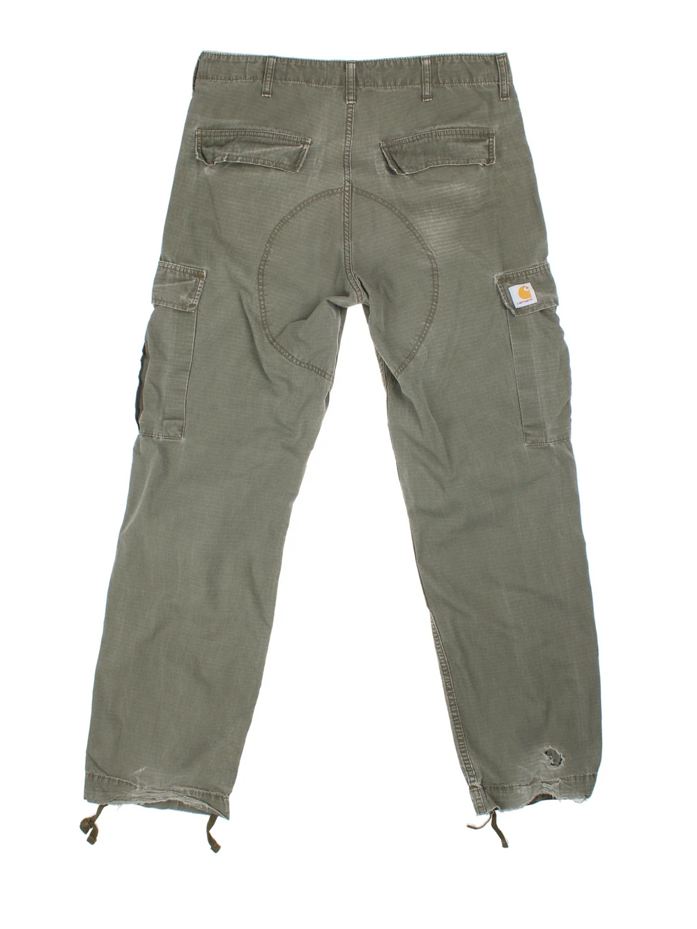 Carhartt Cargo Trousers in a green colourway with multiple pockets and the logo embroidered on the back.