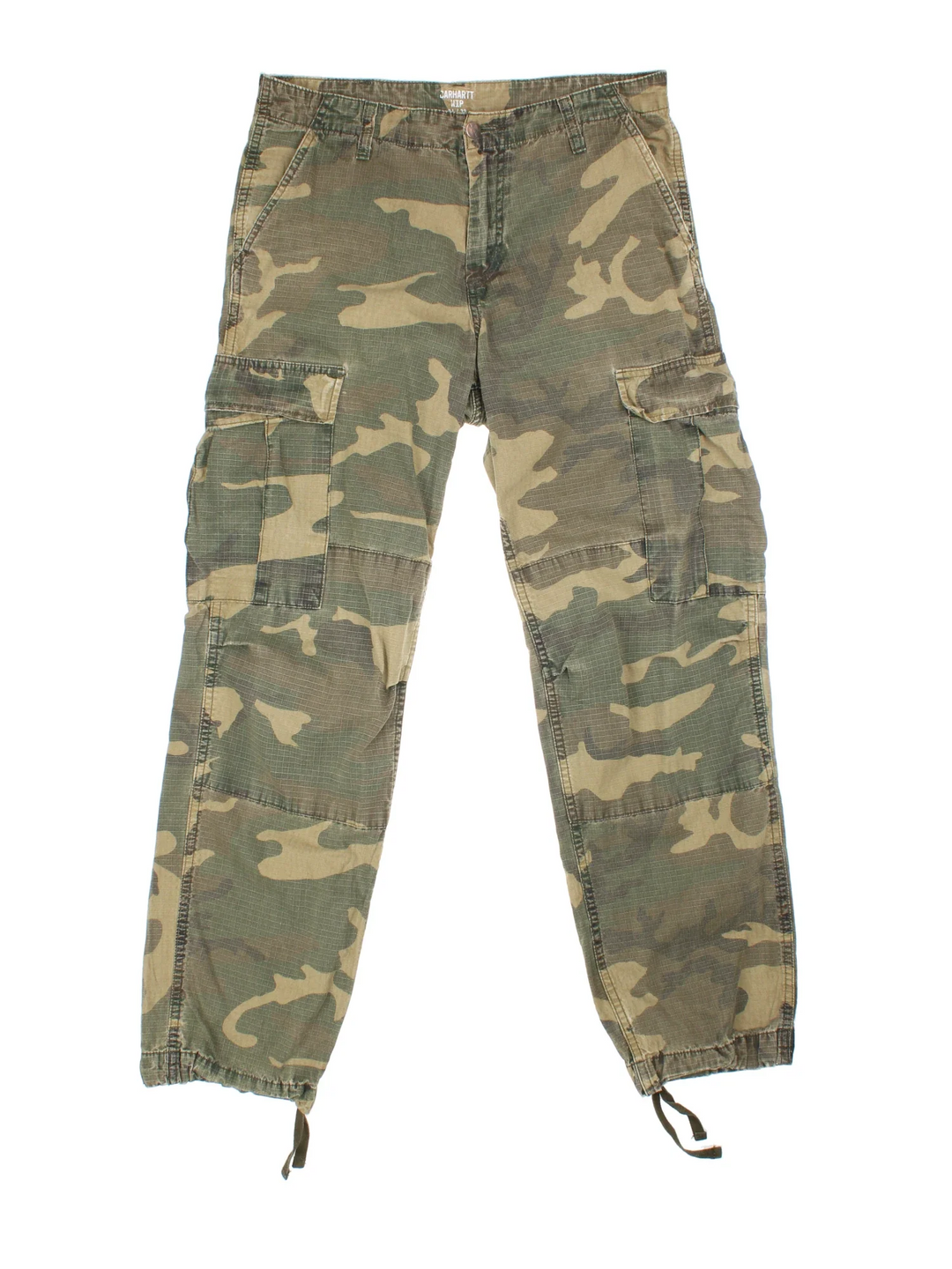 Carhartt Cargo Trousers in a green colourway with multiple pockets and the logo embroidered on the back.