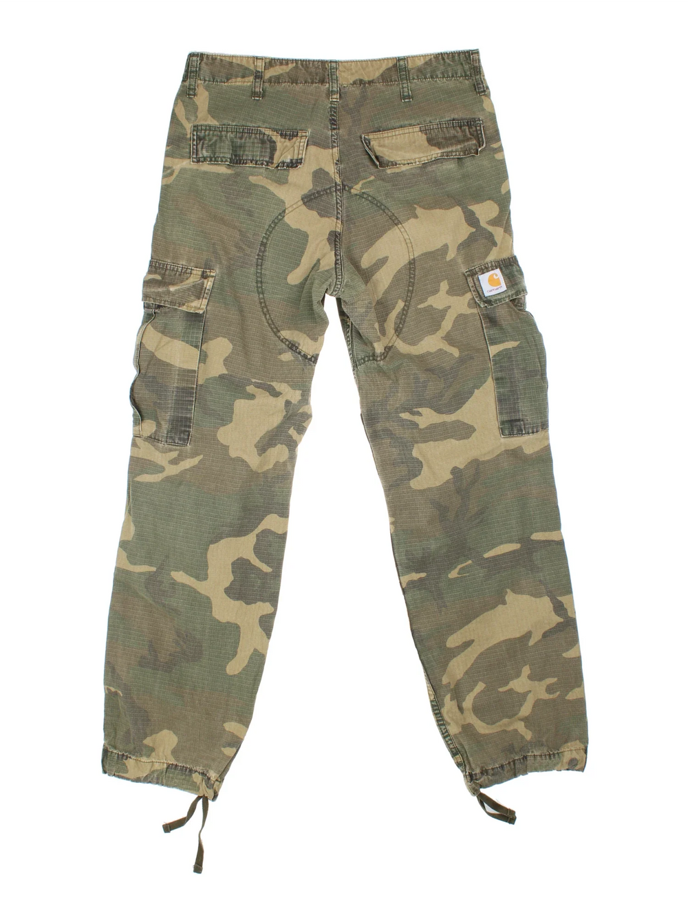Carhartt Cargo Trousers in a green colourway with multiple pockets and the logo embroidered on the back.