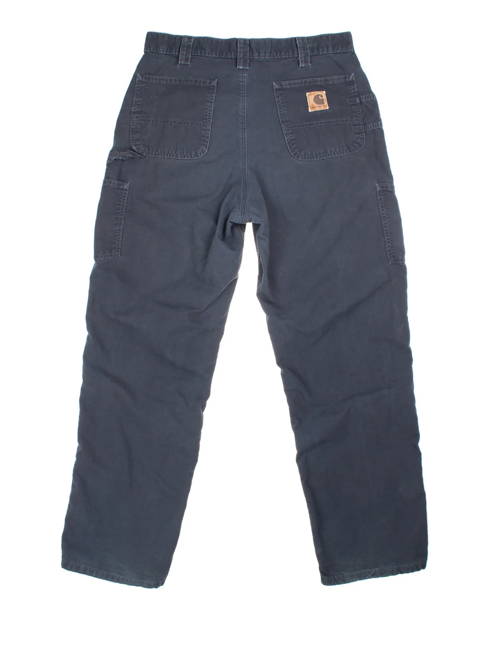 Carhartt Cargo Trousers in a blue colourway with multiple pockets and the logo embroidered on the back.