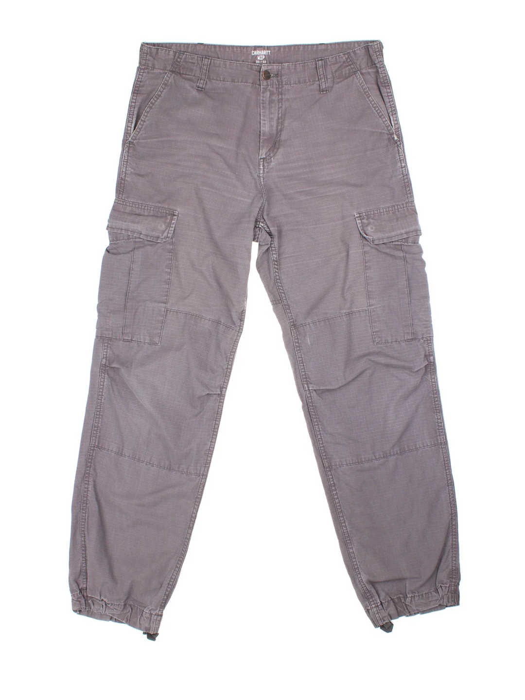 Carhartt Cargo Trousers in a grey colourway with multiple pockets and the logo embroidered on the back.