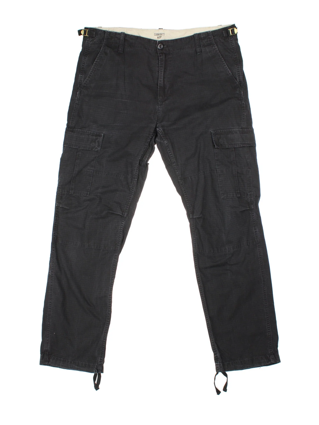 Carhartt Cargo Trousers in a black colourway with multiple pockets and the logo embroidered on the back.