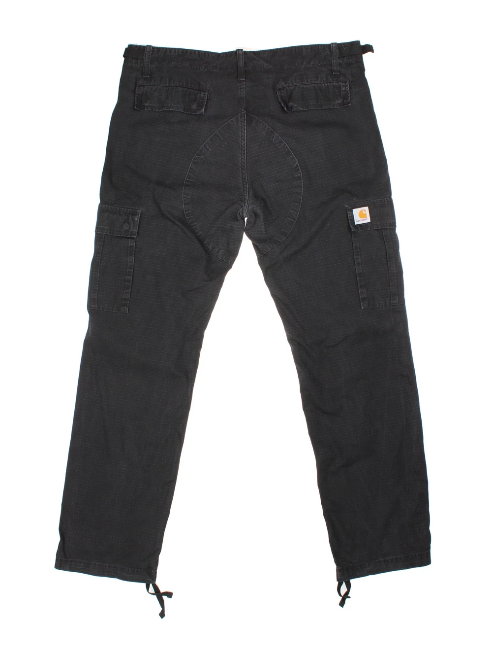 Carhartt Cargo Trousers in a black colourway with multiple pockets and the logo embroidered on the back.