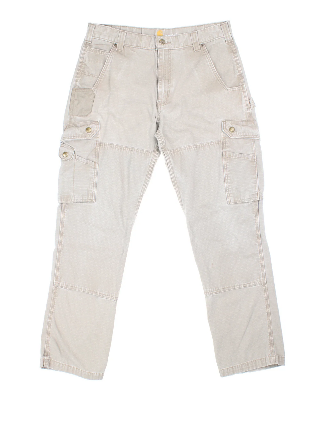 Carhartt Cargo Trousers in a tan colourway with multiple pockets and the logo embroidered on the back.