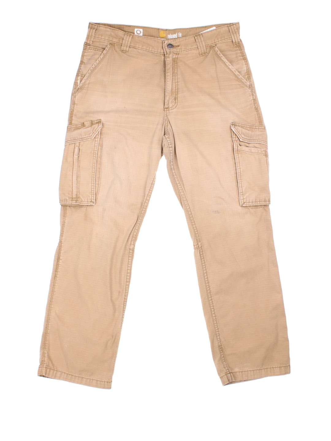 Carhartt Cargo Trousers in a tan colourway with multiple pockets and the logo embroidered on the back.
