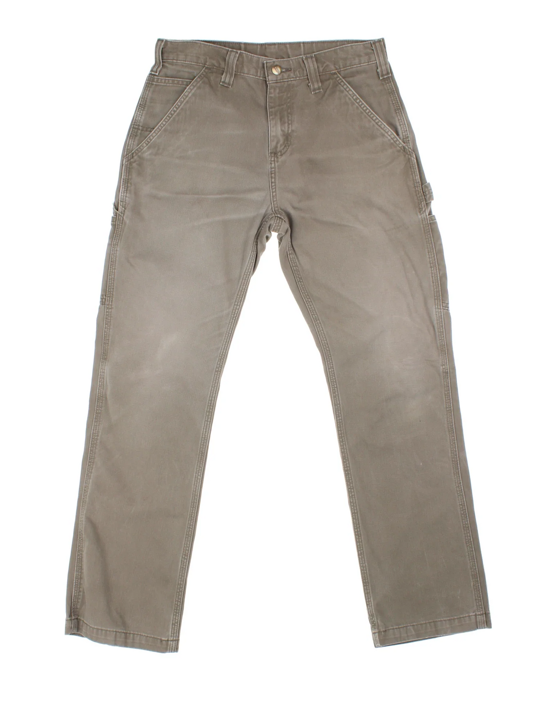 Carhartt Carpenter Trousers in a green colourway with multiple pockets and the logo embroidered on the back.