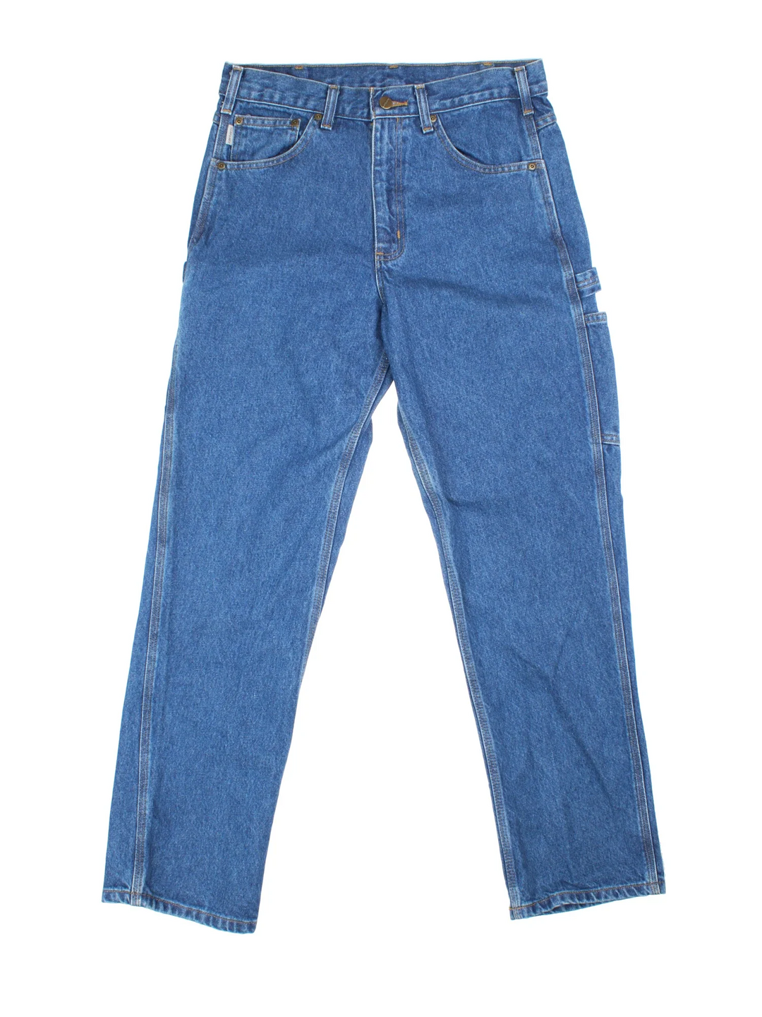 Carhartt Carpenter Jeans in a blue colourway with multiple pockets and the logo embroidered on the back.