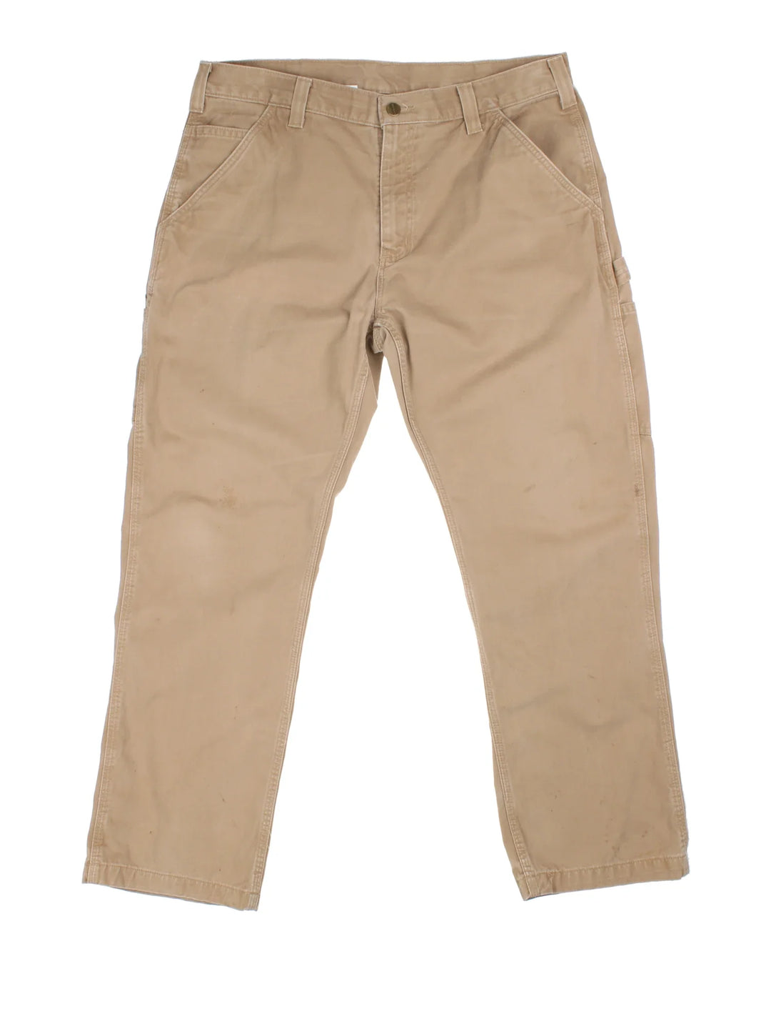 Carhartt Carpenter Jeans in a tan colourway with multiple pockets and the logo embroidered on the back.