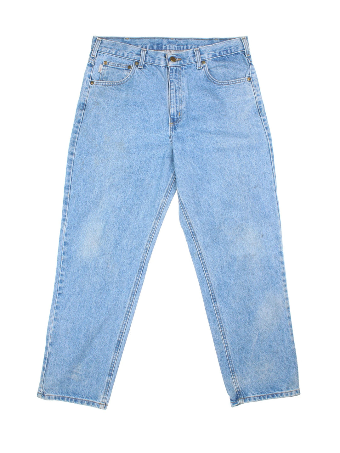 Carhartt Jeans in a blue colourway with multiple pockets and the logo embroidered on the back.