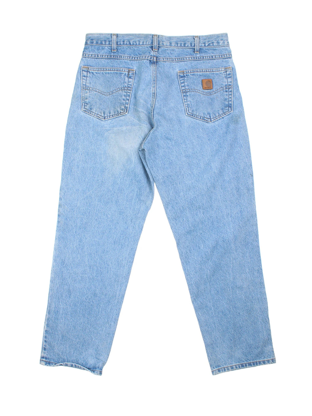 Carhartt Jeans in a blue colourway with multiple pockets and the logo embroidered on the back.