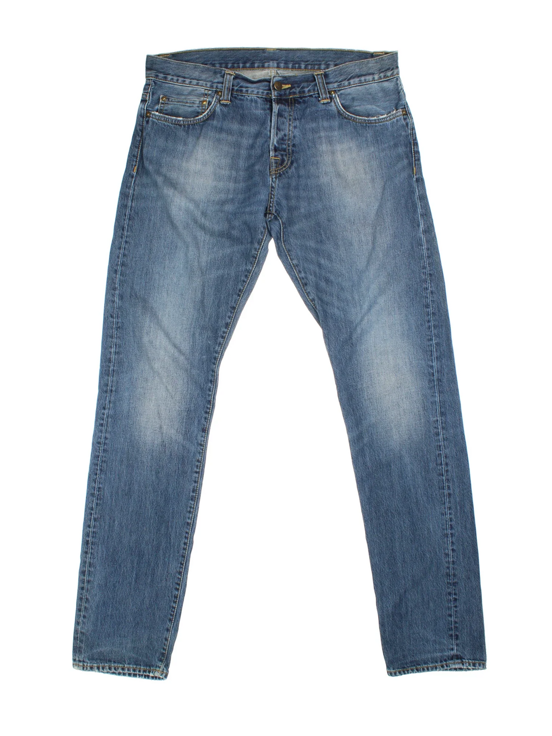 Carhartt Jeans in a blue colourway with multiple pockets and the logo embroidered on the back.