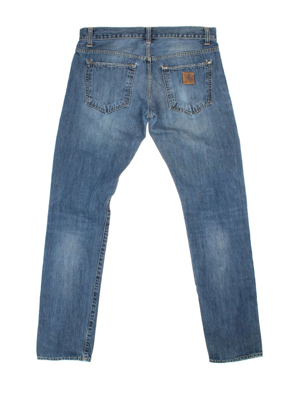 Carhartt Jeans in a blue colourway with multiple pockets and the logo embroidered on the back.