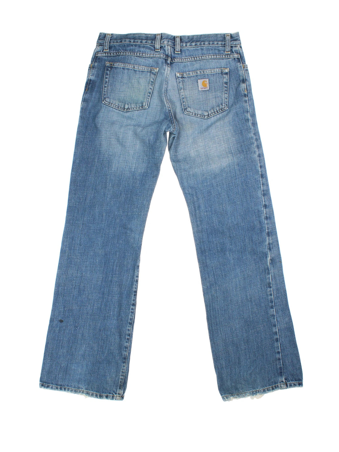 Carhartt Jeans in a blue colourway with multiple pockets and the logo embroidered on the back.
