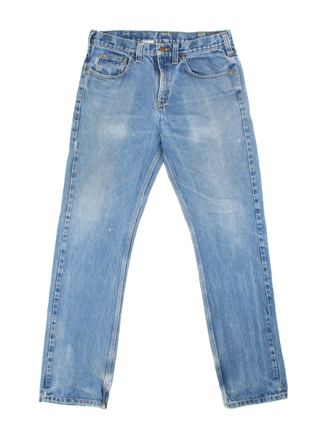 Carhartt Jeans in a blue colourway with multiple pockets and the logo embroidered on the back.