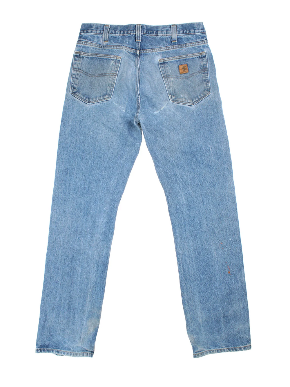Carhartt Jeans in a blue colourway with multiple pockets and the logo embroidered on the back.