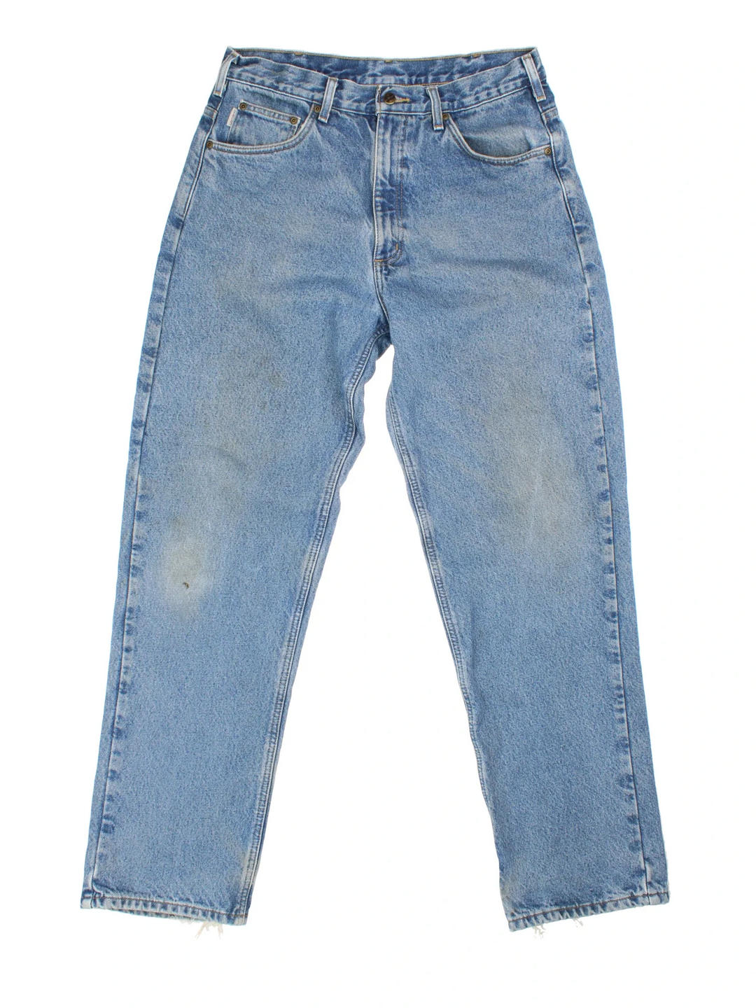 Carhartt Jeans in a blue colourway with multiple pockets, checked lining and the logo embroidered on the back.