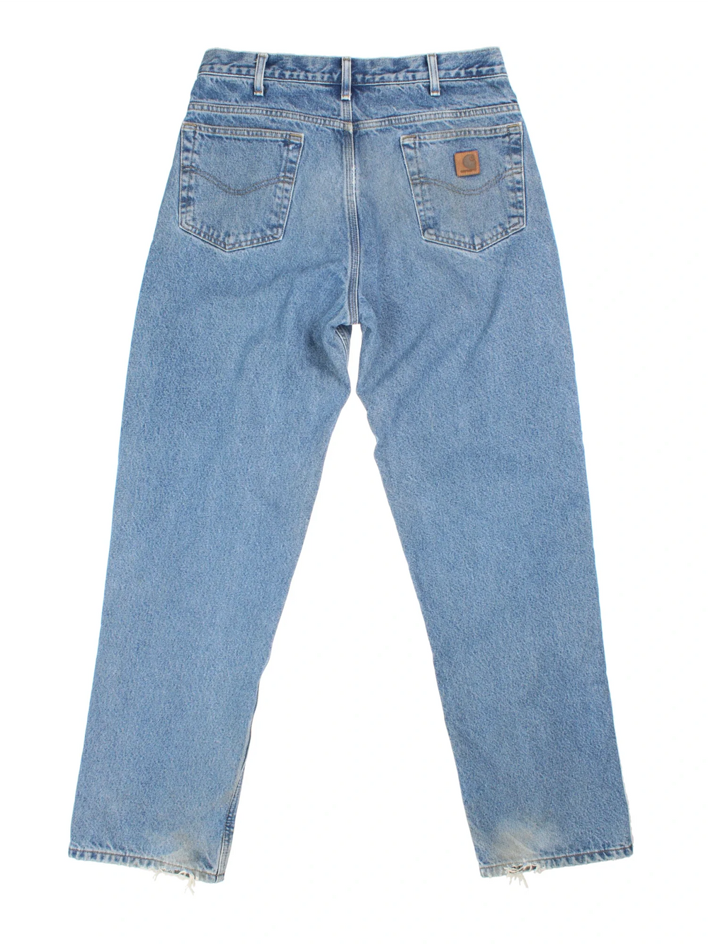 Carhartt Jeans in a blue colourway with multiple pockets, checked lining and the logo embroidered on the back.