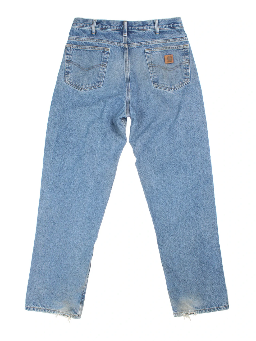Carhartt Jeans in a blue colourway with multiple pockets, checked lining and the logo embroidered on the back.