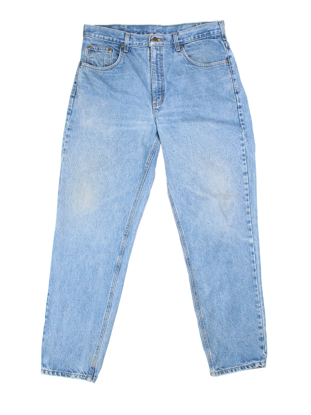 Carhartt Jeans in a blue colourway with multiple pockets and the logo embroidered on the back.