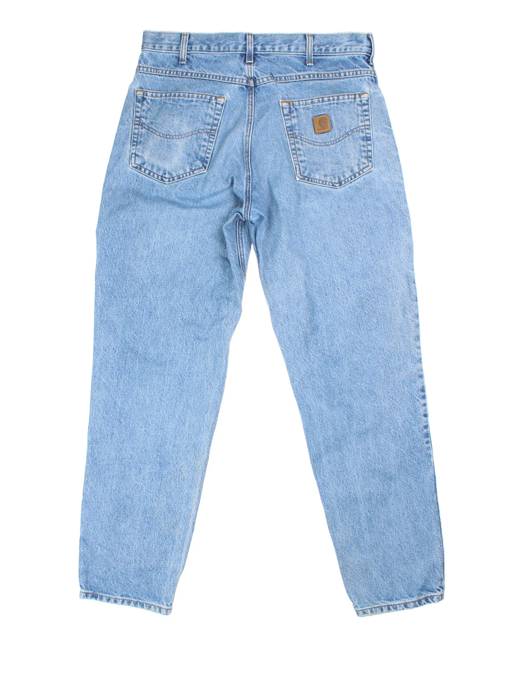 Carhartt Jeans in a blue colourway with multiple pockets and the logo embroidered on the back.