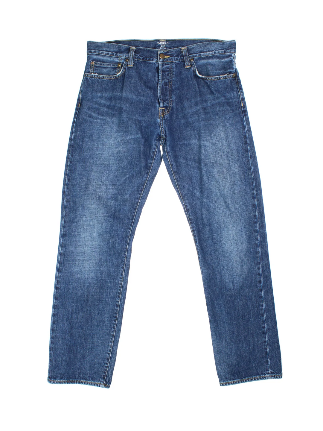 Carhartt Jeans in a blue colourway with multiple pockets and the logo embroidered on the back.