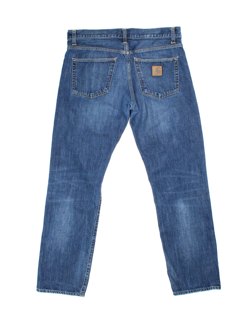 Carhartt Jeans in a blue colourway with multiple pockets and the logo embroidered on the back.
