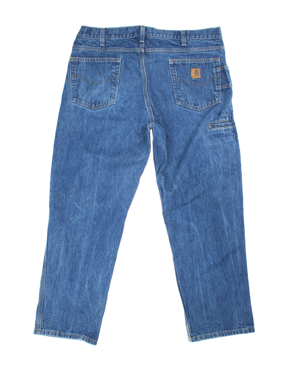 Carhartt Jeans in a blue colourway with multiple pockets and the logo embroidered on the back.