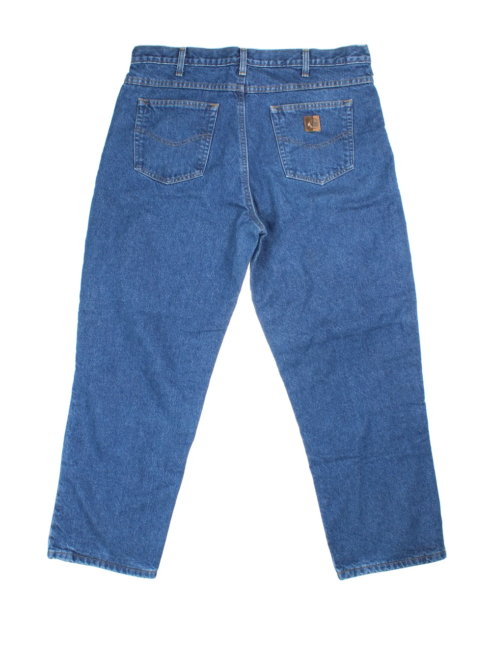 Carhartt Jeans in a blue colourway with multiple pockets, checked lining and the logo embroidered on the back.