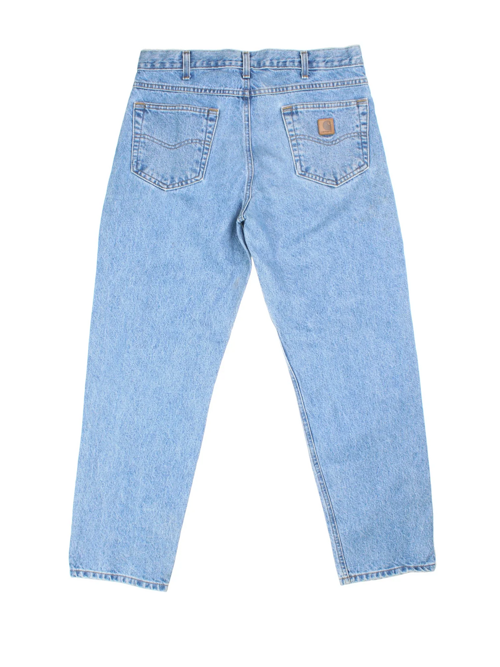Carhartt Jeans in a blue colourway with multiple pockets and the logo embroidered on the back.