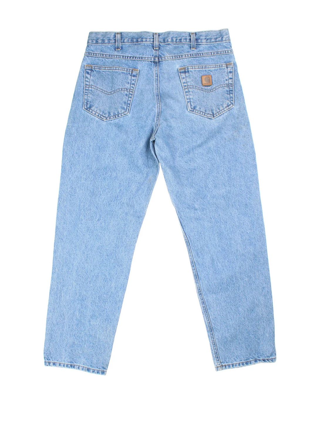 Carhartt Jeans in a blue colourway with multiple pockets and the logo embroidered on the back.