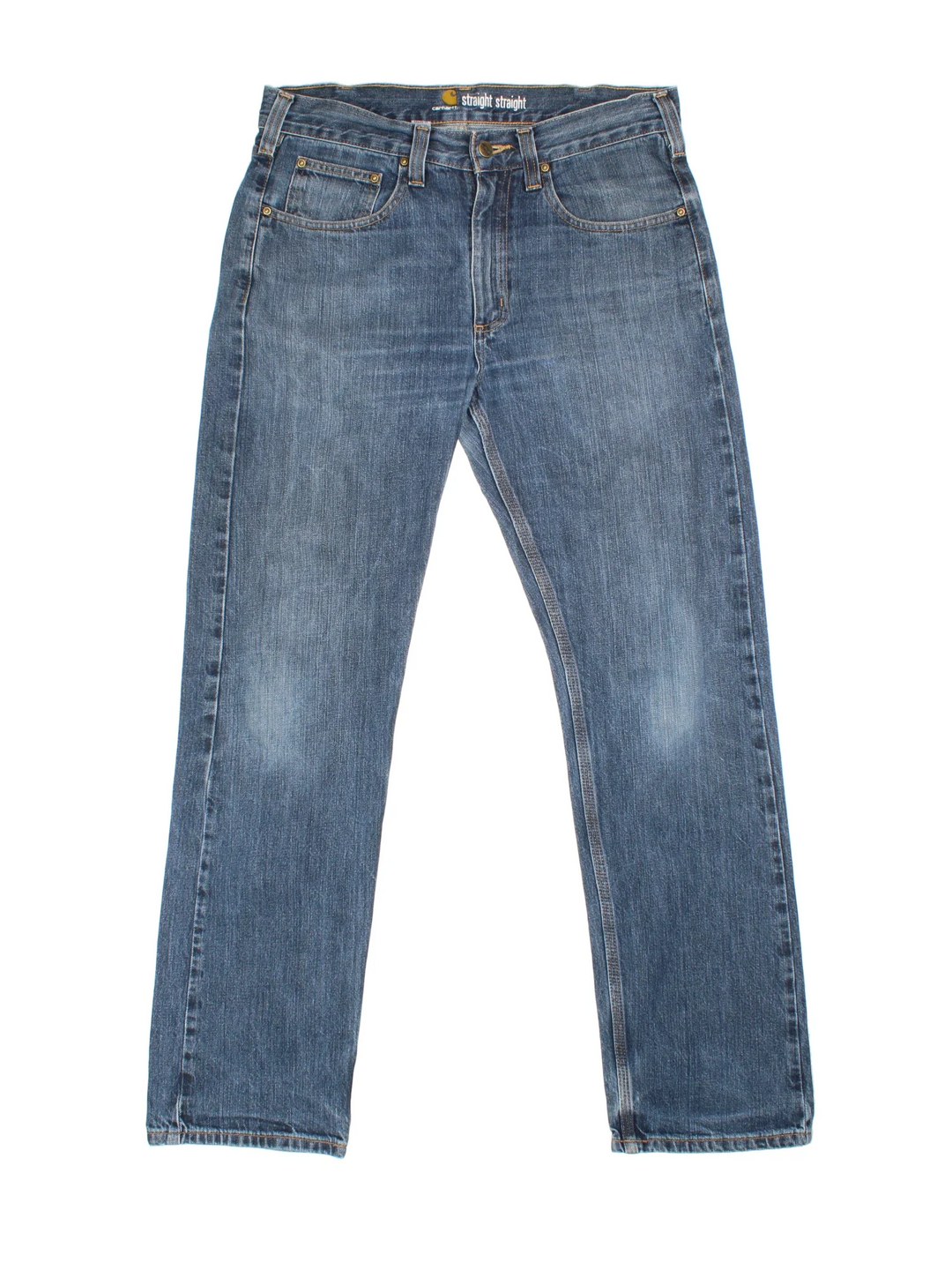 Carhartt Jeans in a blue colourway with multiple pockets and the logo embroidered on the back.