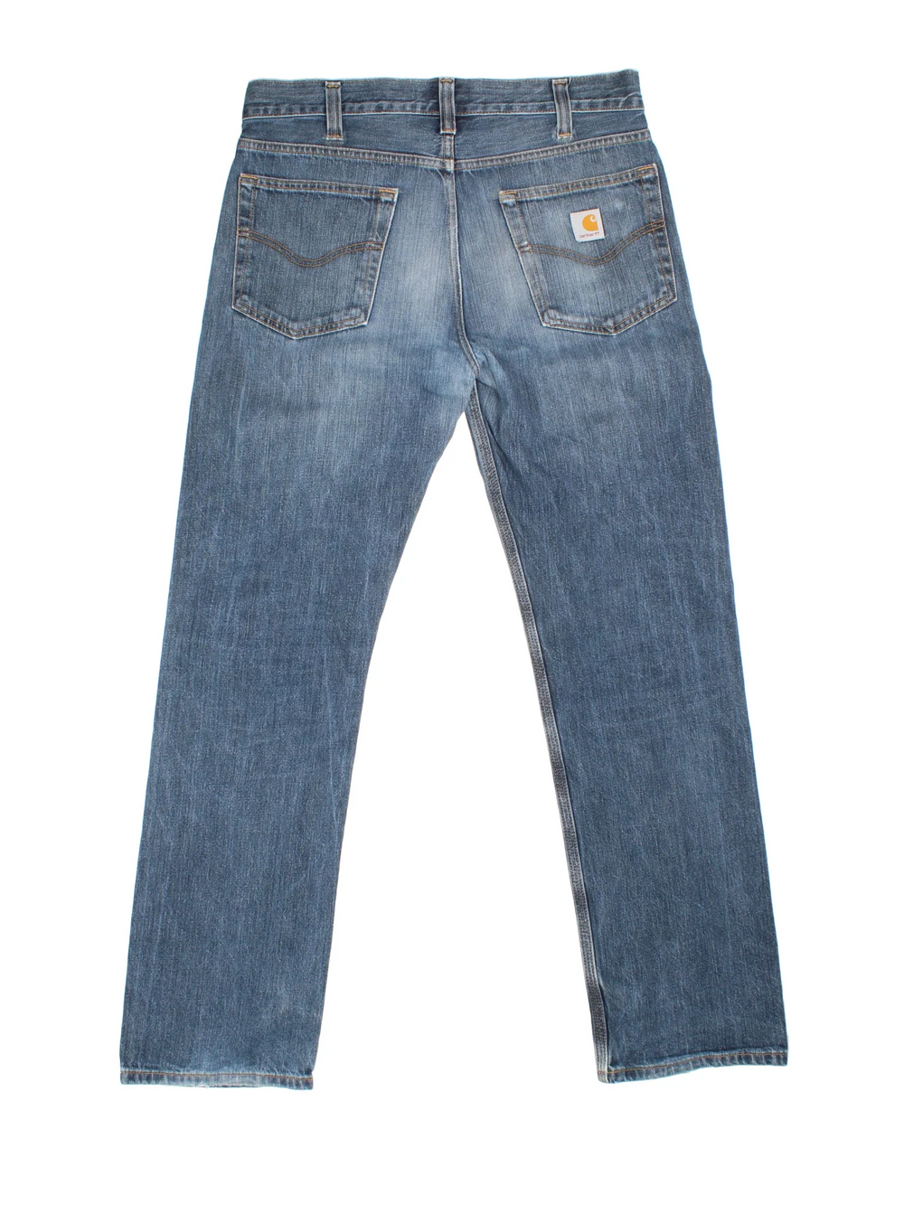 Carhartt Jeans in a blue colourway with multiple pockets and the logo embroidered on the back.
