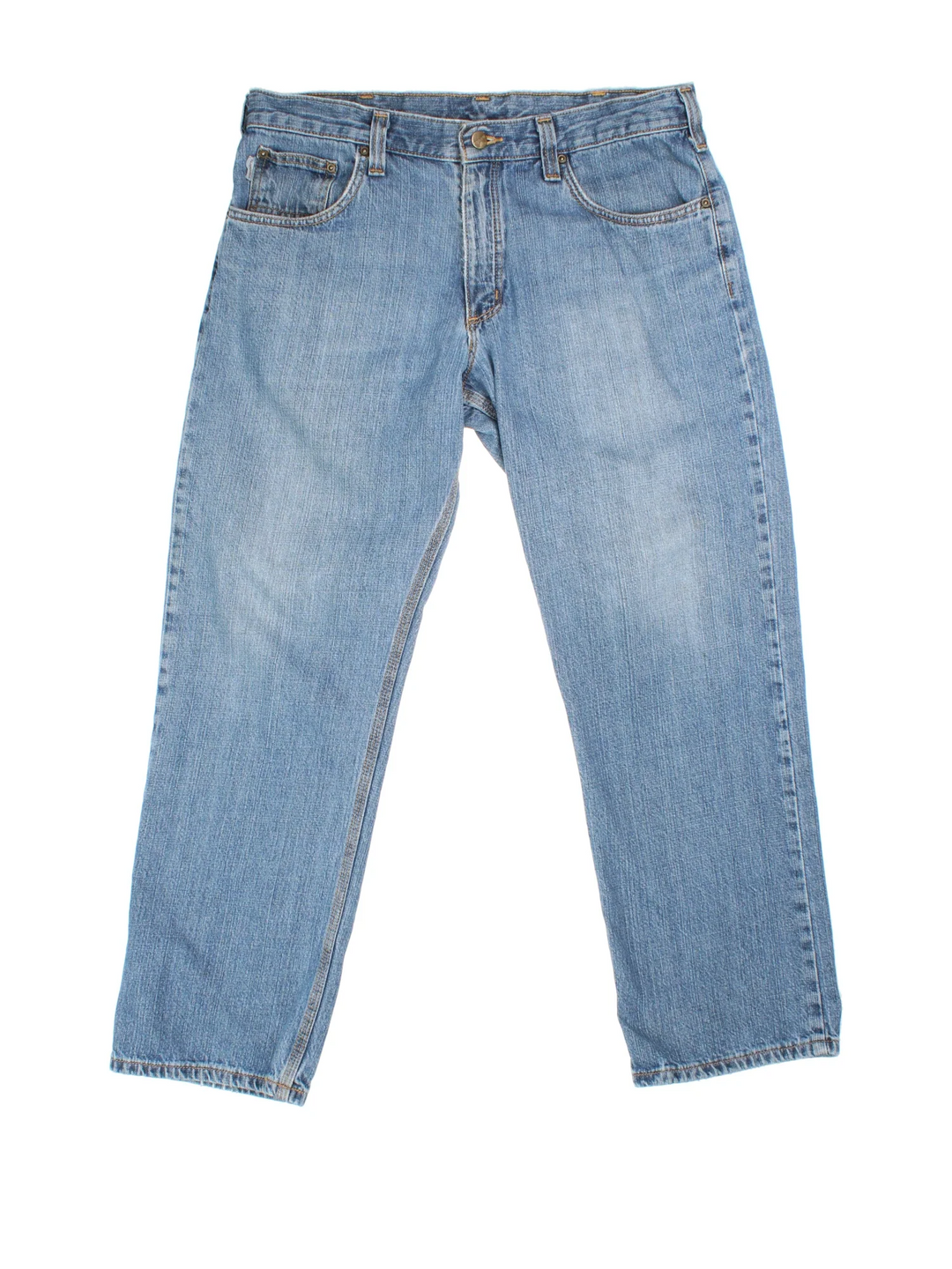 Carhartt Jeans in a blue colourway with multiple pockets and the logo embroidered on the back.