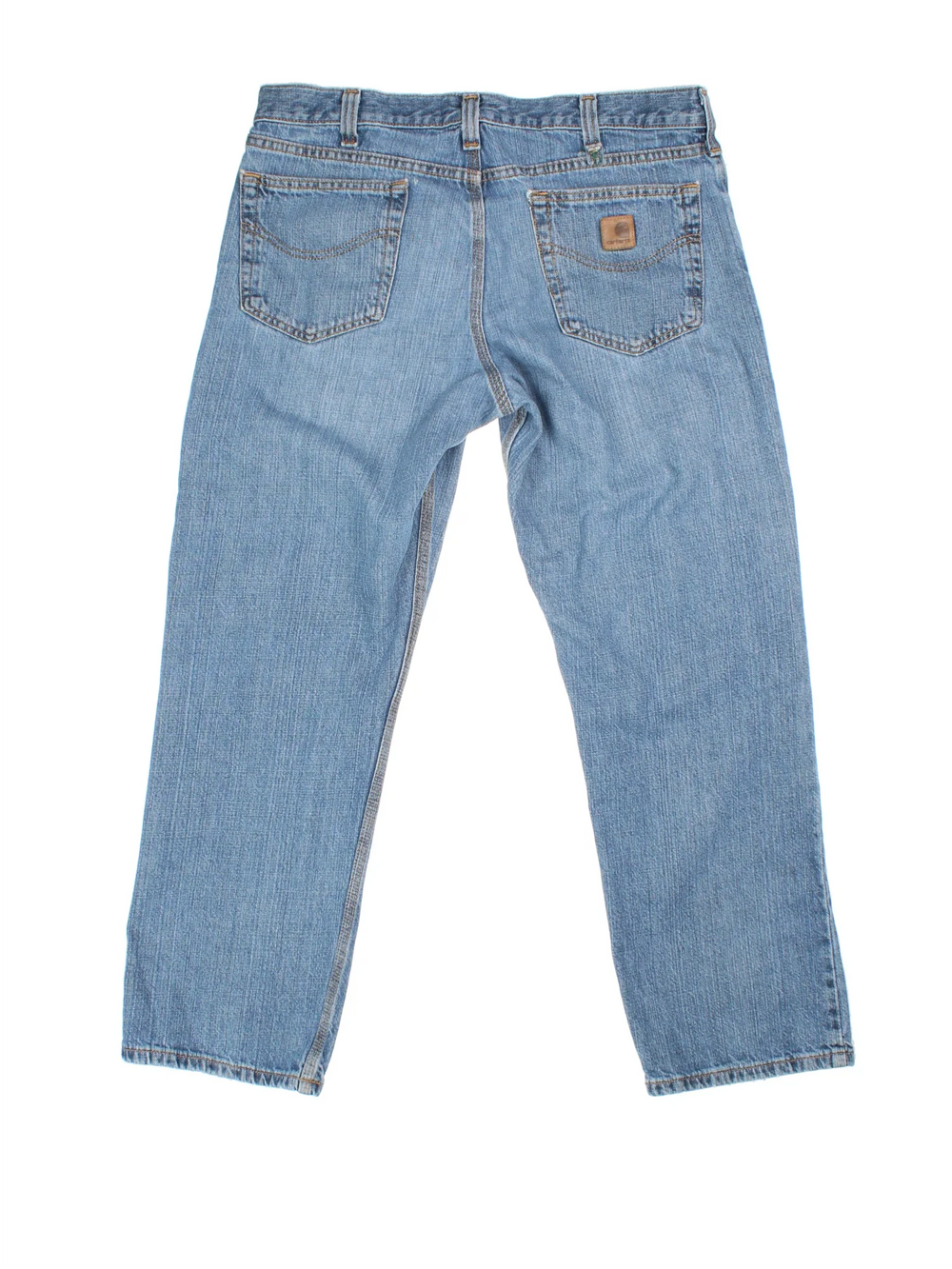 Carhartt Jeans in a blue colourway with multiple pockets and the logo embroidered on the back.